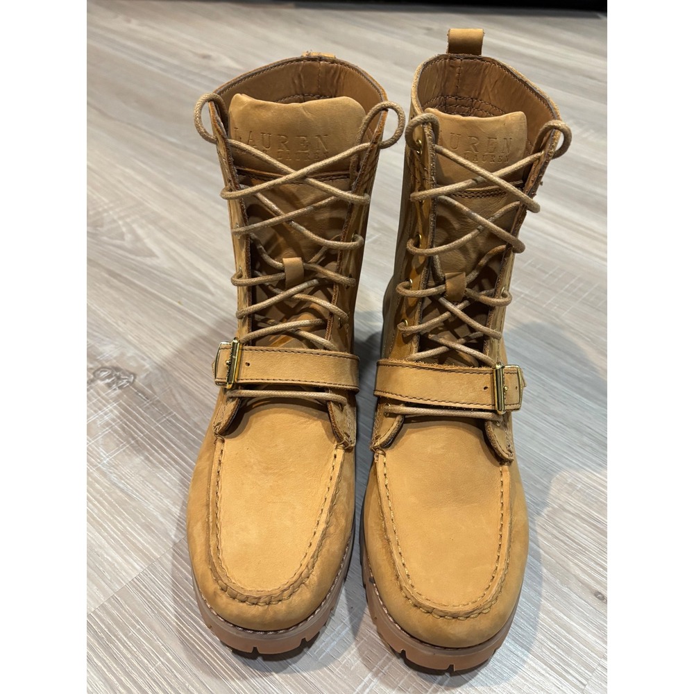 Lauren Ralph Lauren Zera Leather Combat Boots Tan Wheat Buckle Moc Toe 8.5B - Picture 3 of 10